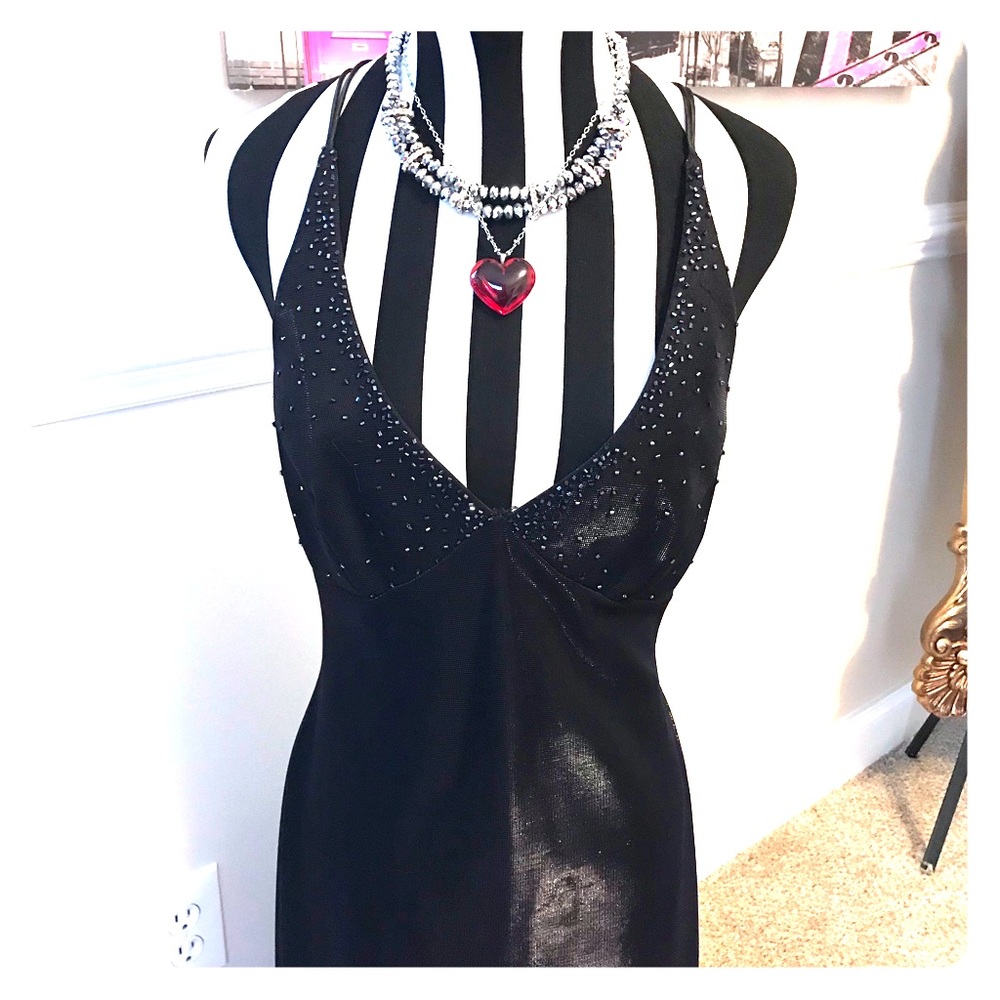 Formal black shimmer sheer overlay evening gown